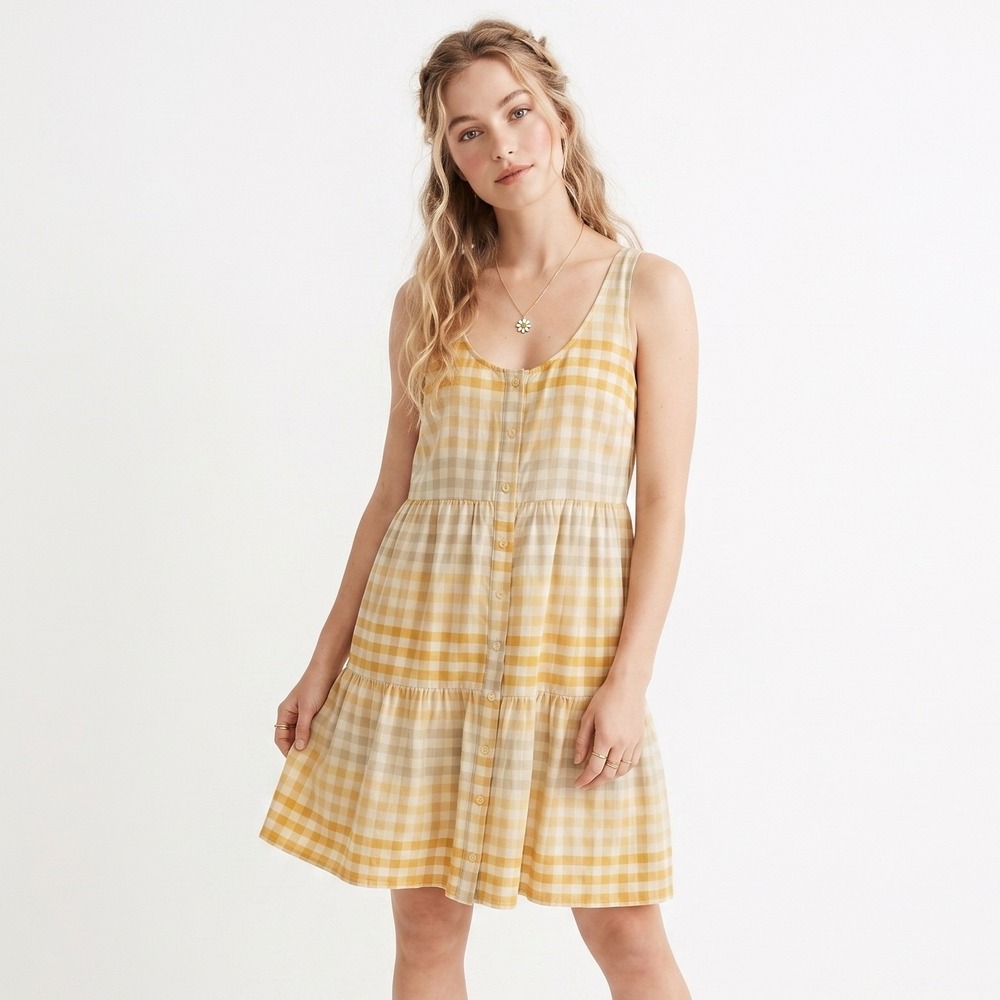 NWT Madewell Button Front Tiered Mini Dress Yellow Gingham Country Size XS